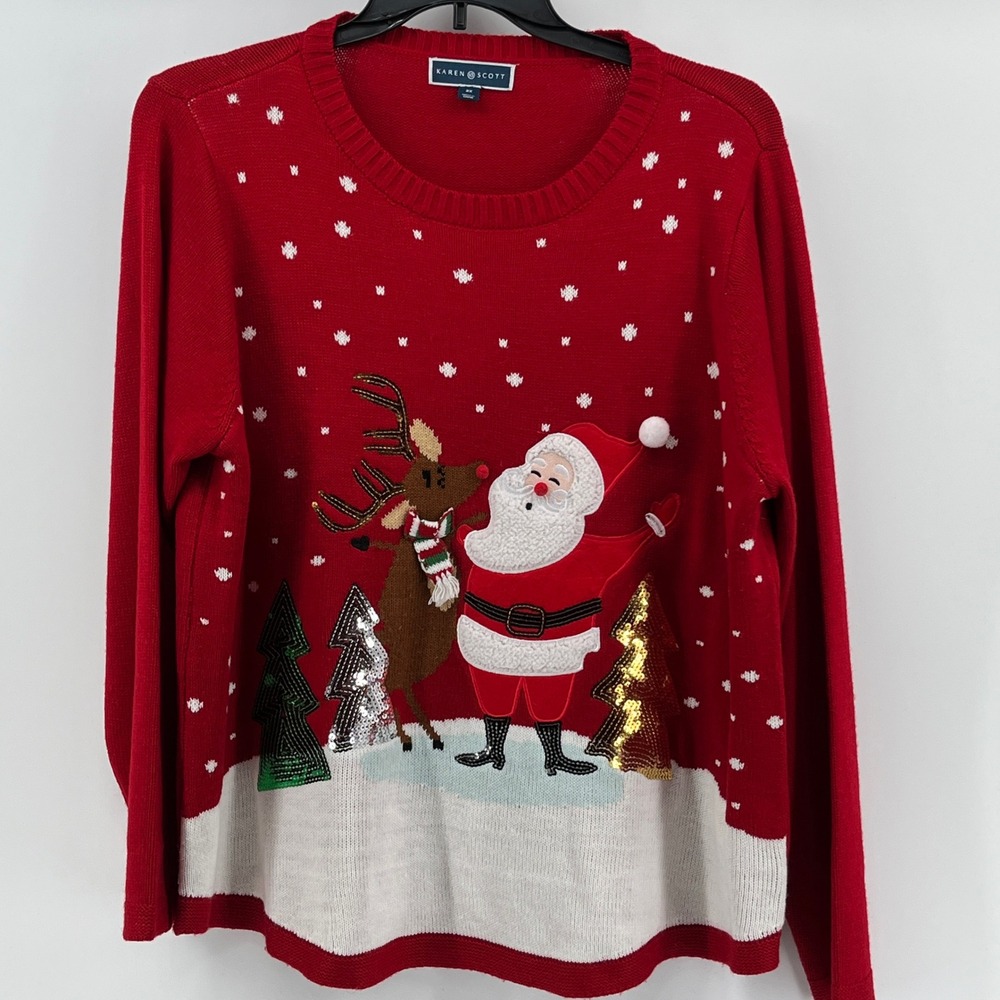 Karen Scott Womens 2X Red Christmas Sweater Santa Reindeer Sequins Holiday Knit